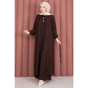 Ensemble tunique longue en crêpe et tweed marron pour femme, col mandarin à lacets, style bureau, blazer et pantalon, coupe ample pour l'été - Product Image 5