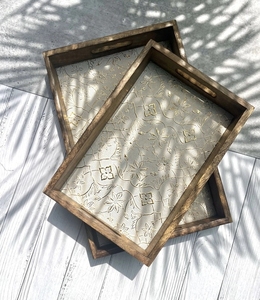 Mango Wood Serving Tray with Aluminum Sheet 12 x 8 Inch <b>White</b> for Coffee <b>Tea</b> Drinks in Living Room or Restaurant - Product Image 1