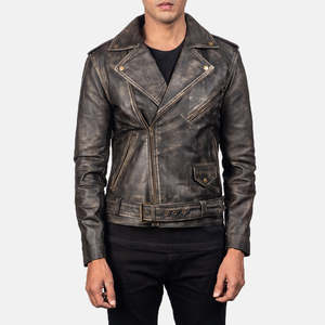 Authentic Men's Vintage Brown Leather Biker Jacket-Genuine Leather Distressed XS Zippered Standing Collar - Product Image 1