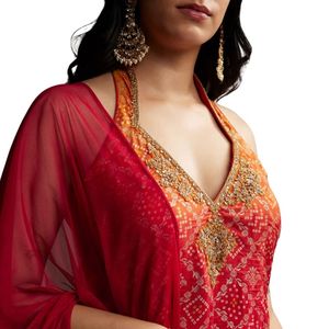 Vente de gros Costume Palazzo en soie ombré orange et rouge avec imprimé Bandhani Vêtements ethniques pour femmes Usine de vêtements OEM Fournisseur en gros - Product Image 4