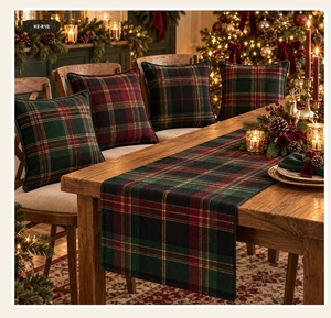 Modern Waterproof 100% Cotton Christmas Plaid <b>Table</b> <b>Runner</b> with Embroidery and Matching Pillows Set for Holiday Decor KE-R10 - Product Image 1
