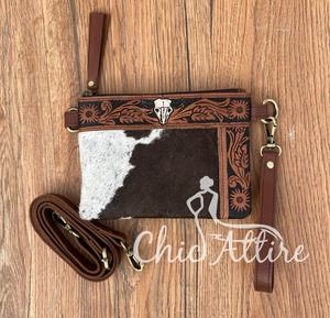 Stylish Women's Genuine Leather <b>Mini</b> Crossbody Wristlet Handbag Bull Tooling Tassel Pouch Floral Zipper Small Size Western Bag - Product Image 1