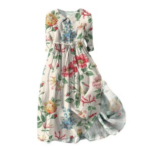 Vestido Maxi de Gala con Estampado Floral, Cuello en V, Cuello de Encaje, Manga Tres Cuartos, Ajuste Holgado, Vestido de Algodón para Mujer, Primavera, Perlas, Estilo Imperio - Product Image 5