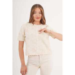 Cárdigan de Punto Beige de Manga Corta con Lentejuelas con Estampado Floral y Adornos de Tul, Elemento Floral de Moda - Product Image 4