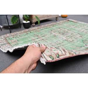 Tapis turc vintage classique vert beige 5x8 pieds fait à la main en laine et latex motif patchwork écologique à poils moyens - Product Image 3