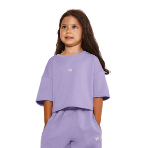 Girls Purple Crop Top & Pants Set Crew Neck Short Sleeve Loose Fit Embroidery Design All Seasons Children's Wear - Product Image 3