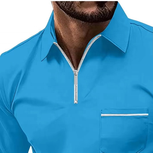 Polo de Manga Larga Azul para Hombre, Color Sólido, Tejido de Punto de Secado Rápido, Estilo Casual, Corte Regular, Diseño con Bolsillo - Product Image 2