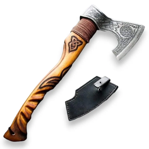 Hache viking artisanale avec manche en bois de frêne gravé et fourreau en cuir avec gravure sur la tête - Product Image 1