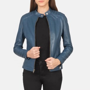 Cremallera País Azul Otoño e Invierno Mujer Color sólido Delgado PU Chaqueta de cuero Moda Stand Collar Cuero Estilo corto Chaqueta - Product Image 1