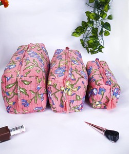 Floral Quilted Cotton Cosmetic <b>Bags</b> Set of 3 | Handmade Travel Makeup Organizer | Toiletry <b>Storage</b> Pouch for Women - Product Image 1