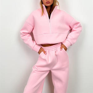 Survêtement 2 pièces sport décontracté pour femmes Logo personnalisé tricot ample solide nouveau pull à fermeture éclair ensemble de pantalons pour l'été doux - Product Image 2