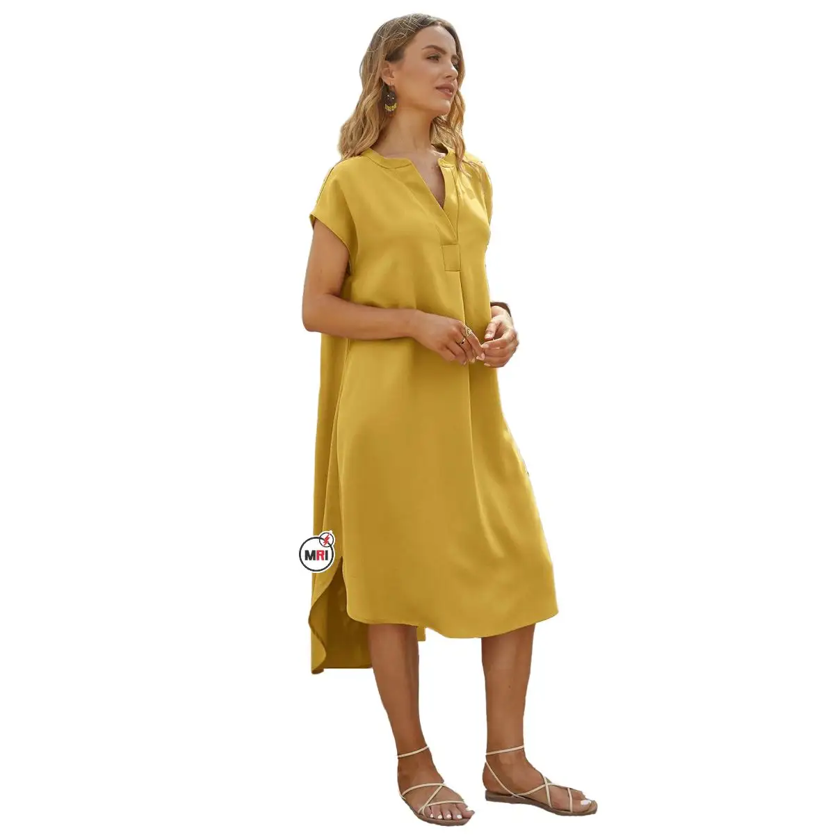 Pakaian kasual wanita kuning emas gaun wanita tinggi rendah sulaman gaya kustom pola Solid panjang kustom katun OEM kustom