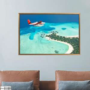 Impression sur toile de paysage marin : œuvre d'art d'île tropicale, décoration de cuisine bleue, 1P : encadré or - Product Image 1