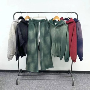 Logo personnalisé pour hommes pantalon de survêtement surdimensionné à fermeture éclair style baggy bas lourds jambe large lavage à l'acide soleil délavé ensemble pour hommes survêtement - Product Image 3