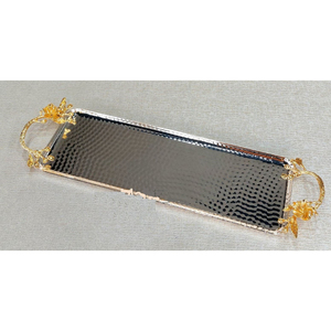 Plateau de service de nourriture de décor de table de conception classique plateau d'acier inoxydable de la meilleure qualité avec le plateau de service de biscuits de poignée florale d'or - Product Image 1