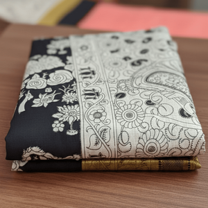 Sari de Algodón y Seda Kalamkari Midnight Grace, Estampado a Mano, Estilo Indio-Pakistaní, Prenda Étnica, Últimos Diseños para Uso Diario - Product Image 5