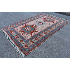 Tapis turc surdimensionné 6,9x11 pieds, tapis en laine rouge bleu à pois vintage - Product Image 2