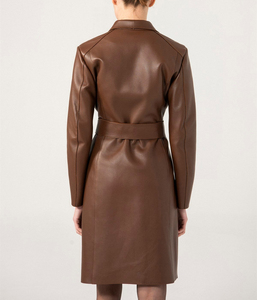 Gabardina larga de piel auténtica para mujer elegante al por mayor, moda informal, manga larga, con cinturón, para invierno - Product Image 4