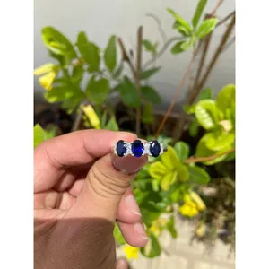 <b>925</b> <b>Silver</b> Blue Sapphire Band <b>Ring</b> Oval Cut Marquise Vintage Rhodium Vermeil Engagement IGI Certified Platinum Ongoing Setting - Product Image 1