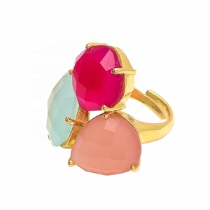 Bague de mariage/de fête classique en argent sterling 925 plaqué or avec chalcédoine multicolore, fabrication sur mesure, prix bas, pour femmes - Product Image 2