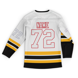 Maillot de hockey blanc, noir et jaune, personnalisé, sublimé, grand logo, uniforme d'équipe, col en V, manches longues, nom et numéro de joueur personnalisés - Product Image 6