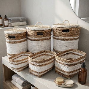 Natural Banana Bark Recycled <b>Plastic</b> <b>Basket</b> Set White Stripe Laundry Hamper With Lid Organizer Bin Setup Pure Art Room Decor Art - Product Image 6