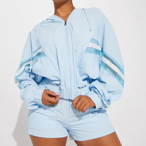 Vente en gros Haut court personnalisé pour femmes Ensemble short et sweat à capuche coupe-vent en polyester à blocs de couleurs pour femmes - Product Image 5