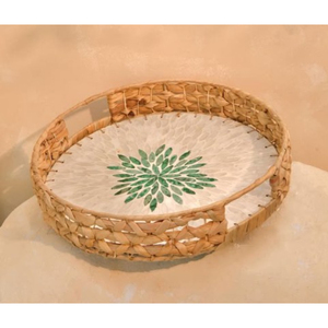 Plateau de service en rotin ovale massif floral vintage écologique fait à la main élégant nacre incrustation de coquillage pour la cuisine et la restauration - Product Image 6