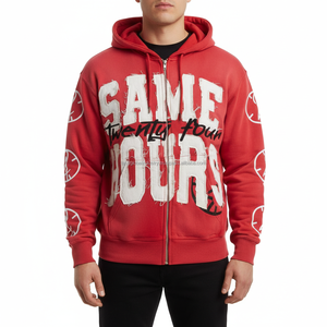 Sudaderas con capucha de algodón pesado personalizadas con logo bordado y cremallera completa para hombre, estilo urbano, con estampado de veinticuatro horas, al por mayor - Product Image 1