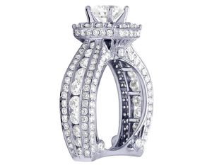 Bague de fiançailles Halo ronde en argent Moissanite en argent S925 bande triple rangée bijoux de mariée de luxe - Product Image 3