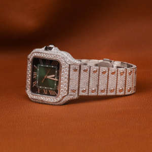 Montre mécanique classique en acier inoxydable avec mouvement mécanique, entièrement sertie de diamants en moissanite vert, chiffres romains, édition limitée - Product Image 3