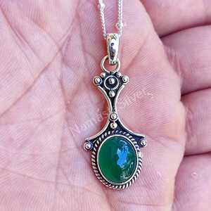 925 <b>Solid</b> Sterling <b>Silver</b> <b>Necklace</b> for Women Green Onyx Pendant with Chain Boho Jewelry Gift Featuring Platinum Material - Product Image 1