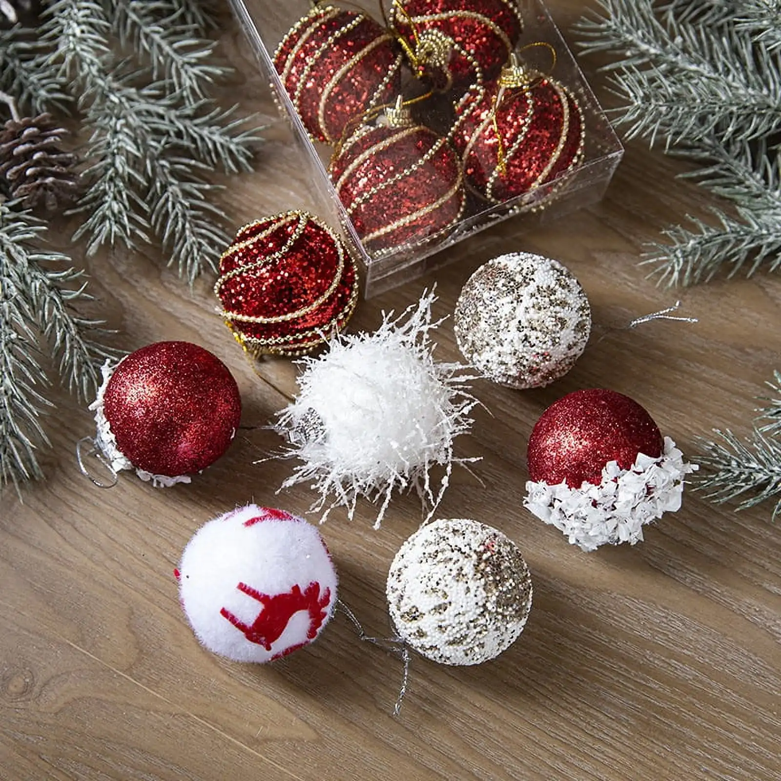 2024 Christmas New Year Home Room Window Decoration 6pcs Christmas Ball Sequins Foam Hanging Plush Ball Ornaments Pendant