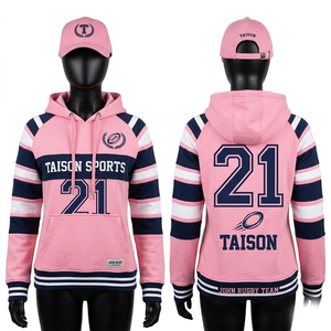 Sudadera con capucha de rugby de felpa de algodón y poliéster premium de 320 GSM, beige y azul marino con paneles en contraste, apliques bordados y logotipo personalizado. - Product Image 3