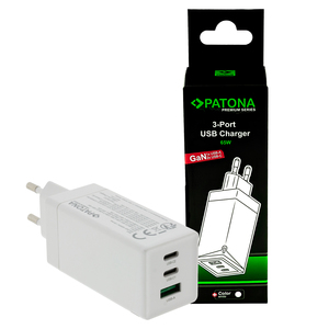 PATONA Premium GaN PD65W Adaptateur blanc 2x USB-C 1x USB-A Sortie USB-C1/USB-C2: 65W max. USB-A: 5,0V/3.0V, 9V/3A, 12V/3A, 20V/3A - Product Image 1