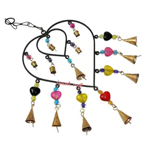 Decorative wrought Iron heart shaped wind chime with beads & bells metal indoor and outdoor decorations hanging