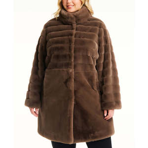 Jones New York Women's <b>Plus</b> <b>Size</b> Black <b>Faux</b>-Mink <b>Fur</b> <b>Coat</b> Winter Double-Breasted Parka Hooded Collar Casual Long Length Style - Product Image 1