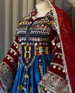 Feroza Banarsi tela afgana Kuchi vestido hecho a mano 100% seda estilo gitano Ropa Étnica con decoración de encaje - Product Image 3