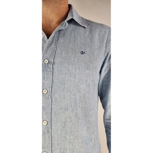 Donald Denim Lino Linn Áo Sơ Mi Cổ Điển 100% Cotton Chambray Người Đàn Ông Của Giản Dị Odm Nửa Tay Áo Mandarin Cổ Áo Nút lên Phong Cách Phương Tây - Product Image 1