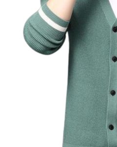 Mint Green White Striped Sleeve V Neck Knitted Cardigan Sweater With Button Closure Soft Cotton Touch <b>Fabric</b> Casual Style - Product Image 5