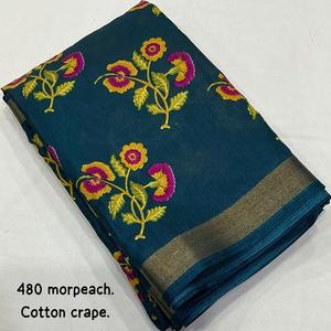 Nuevo Sari de Crepé de Algodón Suave para Mujer con Diseños Florales y Butti, Borde de Pallu, Blusa con Estampado, Hecho en India - Product Image 1