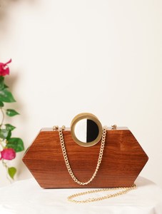 Ethnic <b>Wooden</b> Bohemian Clutch Purse Brass Inlay Work Durable Button <b>Chains</b> Design Indian Handmade Adjustable Strap Portable - Product Image 2