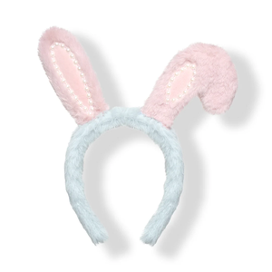 Phong cách ngọt ngào đào tai thỏ Headband Pink & White với ngọc trai vải và Polyester hairband - Product Image 1
