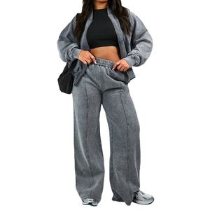 Survêtement 2 pièces pour femmes avec logo personnalisé, veste zippée en molleton délavé à l'acide et pantalon de survêtement, coupe décontractée, fabrication en gros de vêtements - Product Image 1
