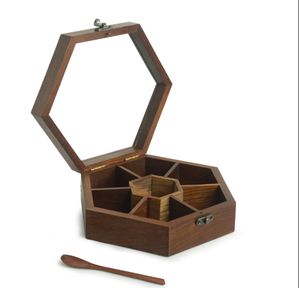 Handcrafted Hexagonal <b>Spice</b> Box With Spoon In Sheesham Wood <b>Spice</b> Box With Spoon In Teak Wood <b>spice</b> container with spoon wooden - Product Image 4