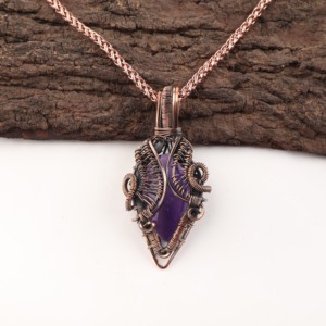 Chevron Amethyst Purple Gemstone Pear Cut Copper Wire <b>Wrapped</b> Fashion Pendant Necklace Oxidized Silver <b>Bridal</b> Party Wear Today - Product Image 1
