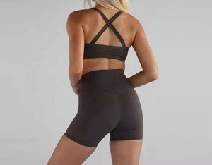 Active Solid Washed Cotton Racerback <b>Bra</b> and Shorts Set for Women Offering Supportive Stretch Breathable Yoga Activewear 2 Piece - Product Image 3