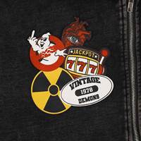 Surdimensionné Vintage Graphic Zip Hoodie Noir Lavé Streetwear avec Flamme Manches Dessin Animé Patch Casual Unisexe Veste pour L'hiver