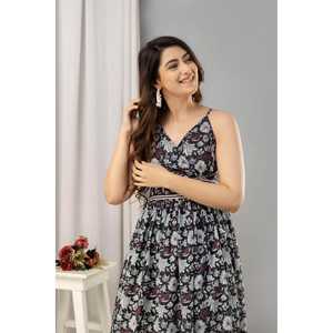 Dress-SHKUP1445แมกซี่แขนกุดทรงพอดีตัวพิมพ์ลายดอกไม้สีดำ - Product Image 4