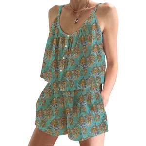 New Arrival Hand Block Floral Print Shorts <b>Pajama</b> Set Spring/<b>Summer</b> Floral Fitted Strappy Sleeveless PJ Set - Product Image 1
